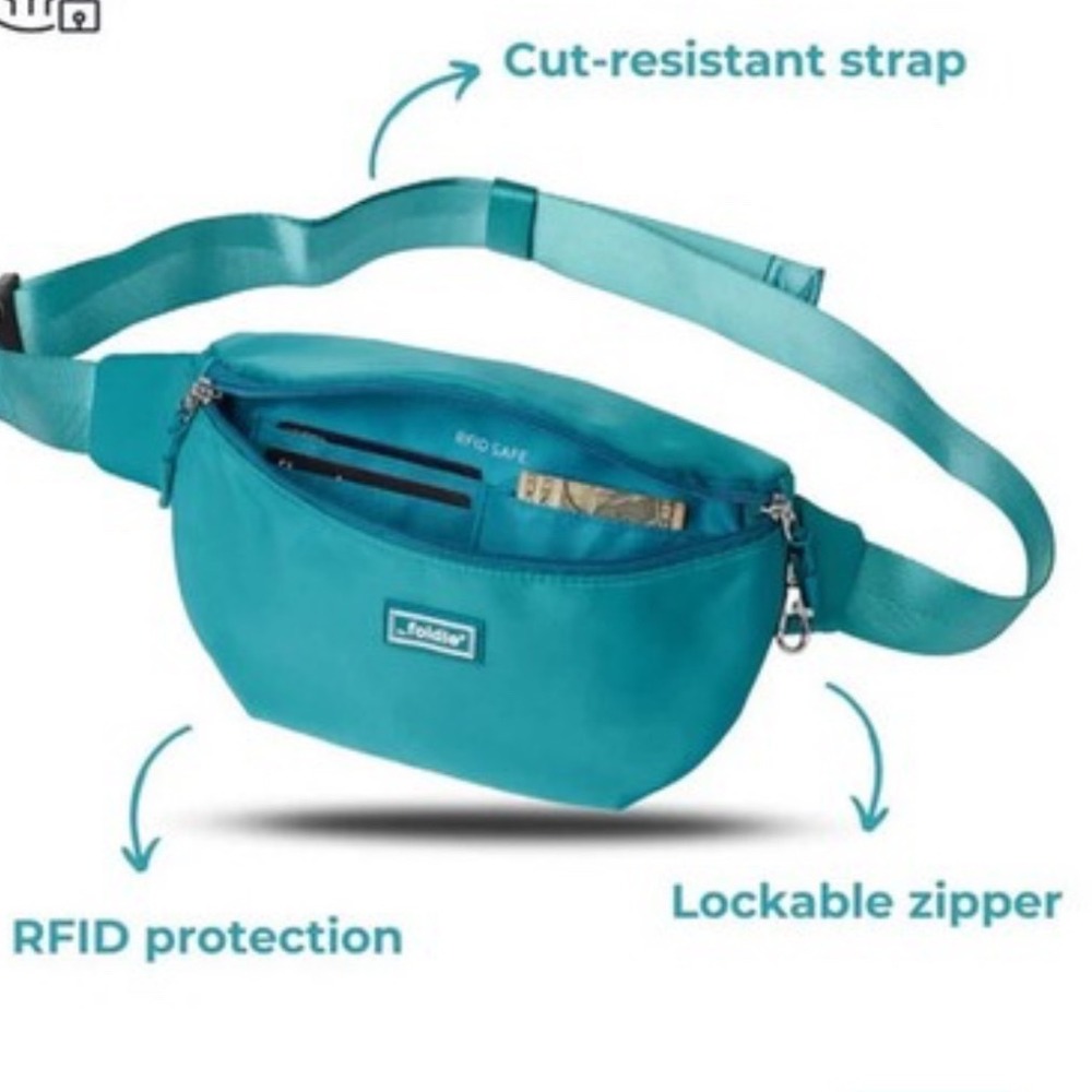 The Foldie Belt Bag Teal Nylon RFID Safe Travel Fanny Pack Crossbody Waist Bag